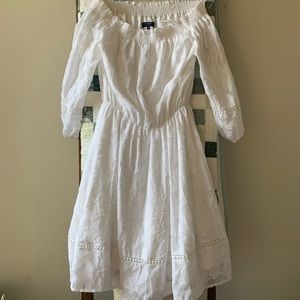 Off-the-shoulder White Floral Jacquard Floaty Dress by Kaari Blue